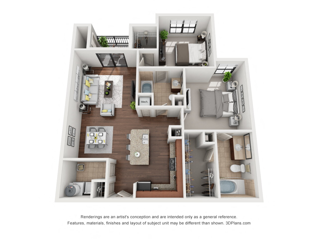 Floor plan for 2 beds, 2 baths, 1133 sqft